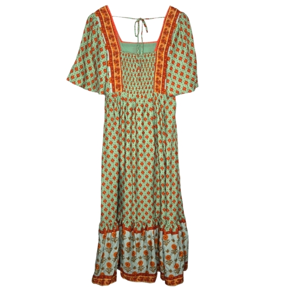 In Loom Boho Contrast Square Neck Mix Print Lace Trim Peasant Maxi Dress Medium - Picture 8 of 11